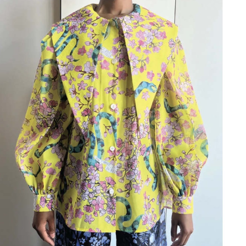 Dauphinette Yellow Cherry Blossom Snake Print Lantern Puff Sleeve Blouse size S